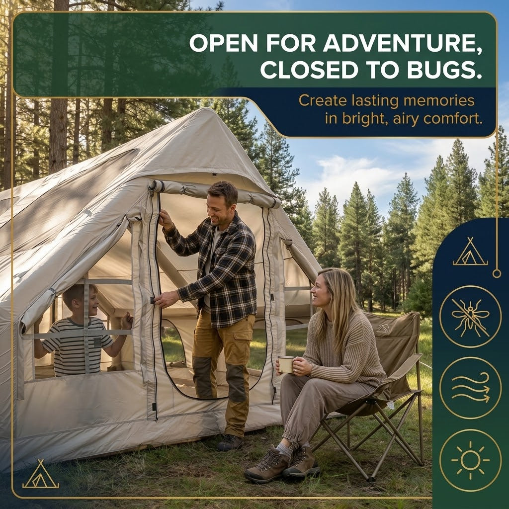 Inflatable Screen Tent 12m² with Electric Pump, Mesh Walls and Double Zip Door for 6-8 People, Dark Khaki