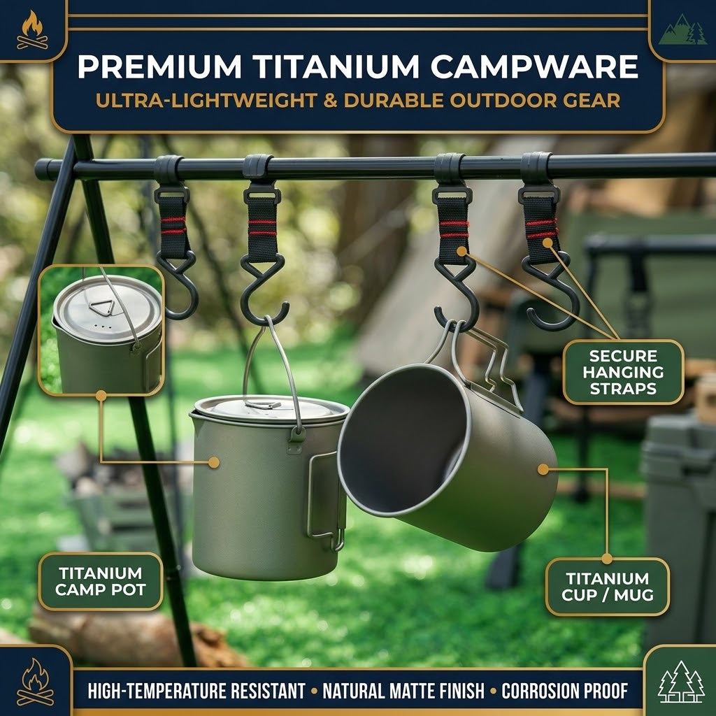 Titanium Camping Cookware Set, 420ml Folding Mug and 750ml Hanging Pot, Lightweight Hiking Kit