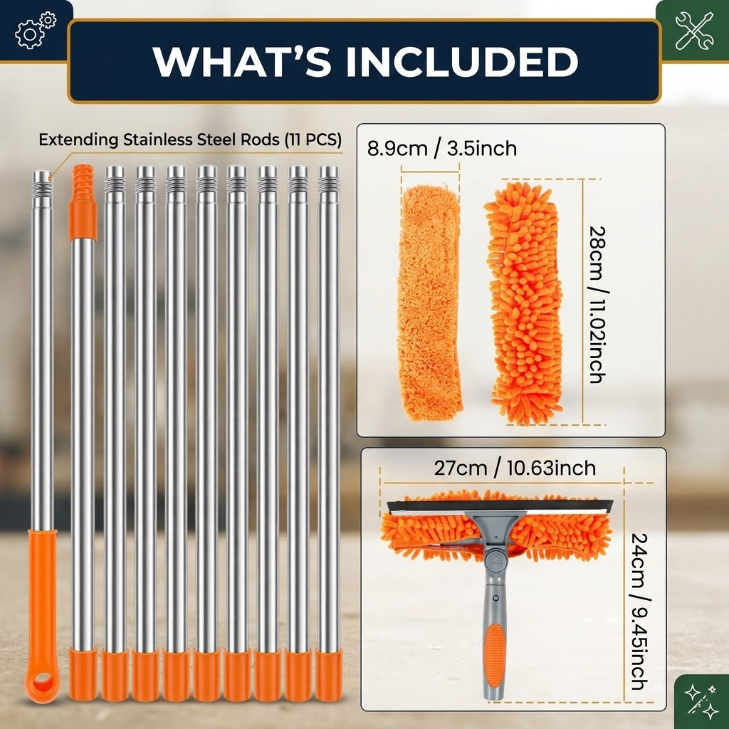 Orange Extendable Window Cleaning Kit 100-420cm, 2-in-1 Squeegee and Microfibre Scrubber, 180° Swivel Head