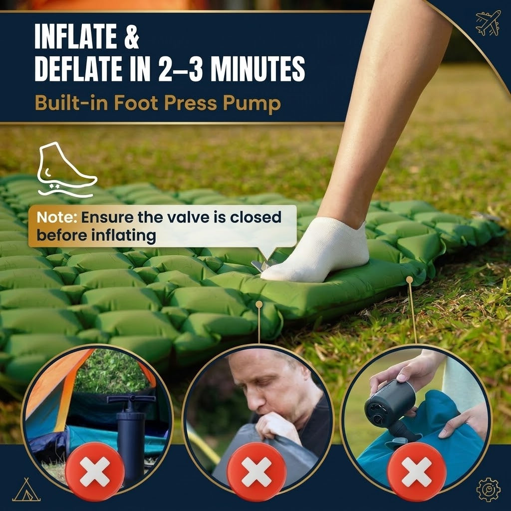 Army Green Double Camping Sleeping Pad with Built-in Foot Pump, Extra Wide Inflatable Mat for Tents