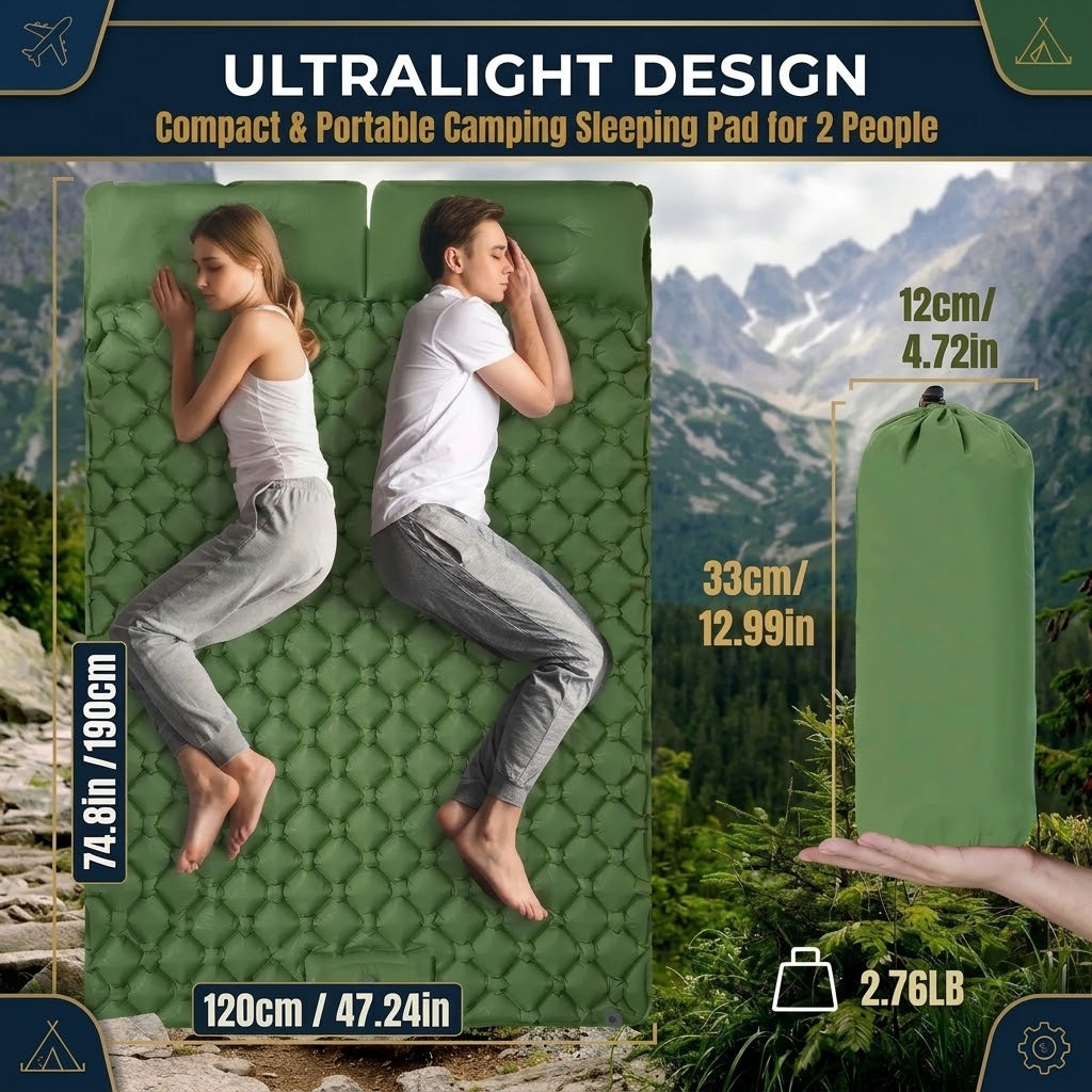 Dark Blue Double Camping Sleeping Pad with Built-in Foot Pump, Extra Wide Inflatable Mat for Tents