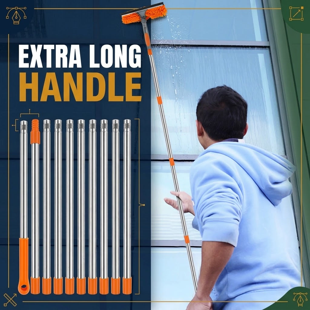 Orange Extendable Window Cleaning Kit 100-420cm, 2-in-1 Squeegee and Microfibre Scrubber, 180° Swivel Head