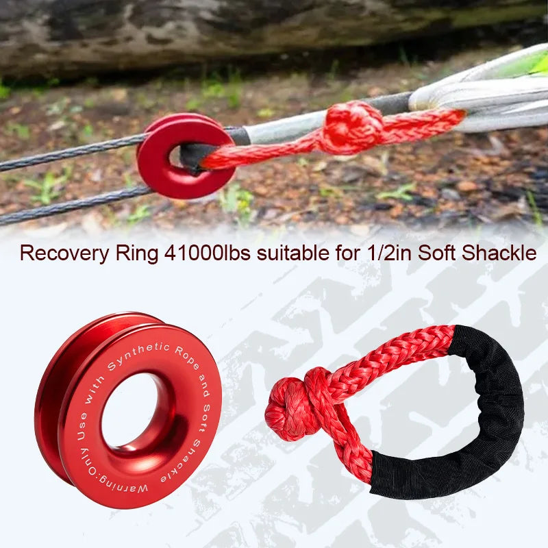 Soft Shackle and Snatch Recovery Ring Set, 38,000 lbs UHMWPE Rope Shackle for 4WD Recovery, Red