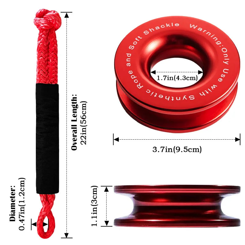 Soft Shackle and Snatch Recovery Ring Set, 38,000 lbs UHMWPE Rope Shackle for 4WD Recovery, Red