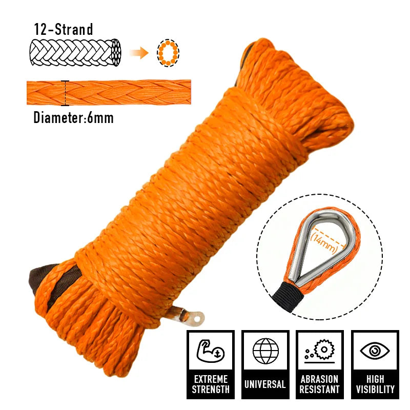 Synthetic Winch Rope 6mm x 15m, 8000 lbs UHMWPE Winch Line with Forged Hook, Orange