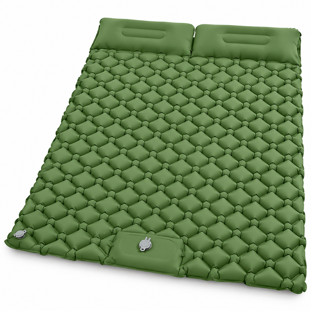 Army Green Double Camping Sleeping Pad with Built-in Foot Pump, Extra Wide Inflatable Mat for Tents