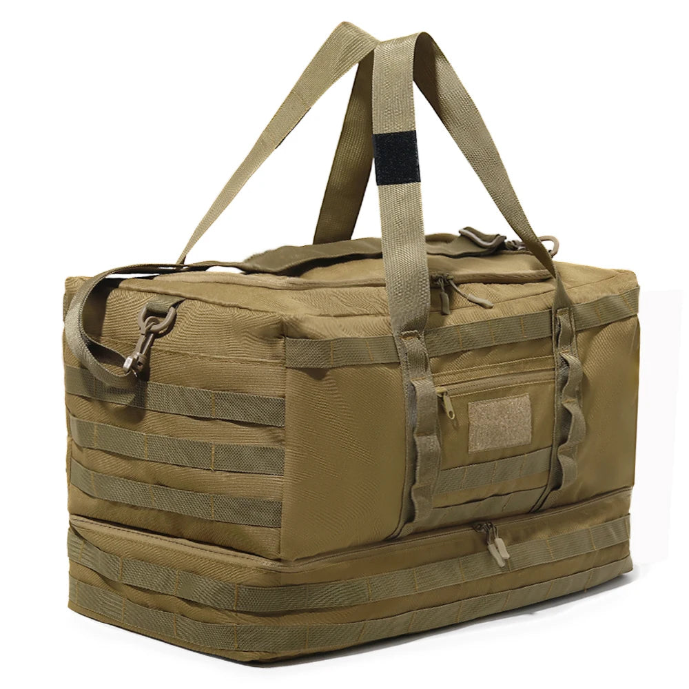 50L Tactical Duffel Bag in 600D Fabric for Travel, Camping, Hiking and Gym, Khaki