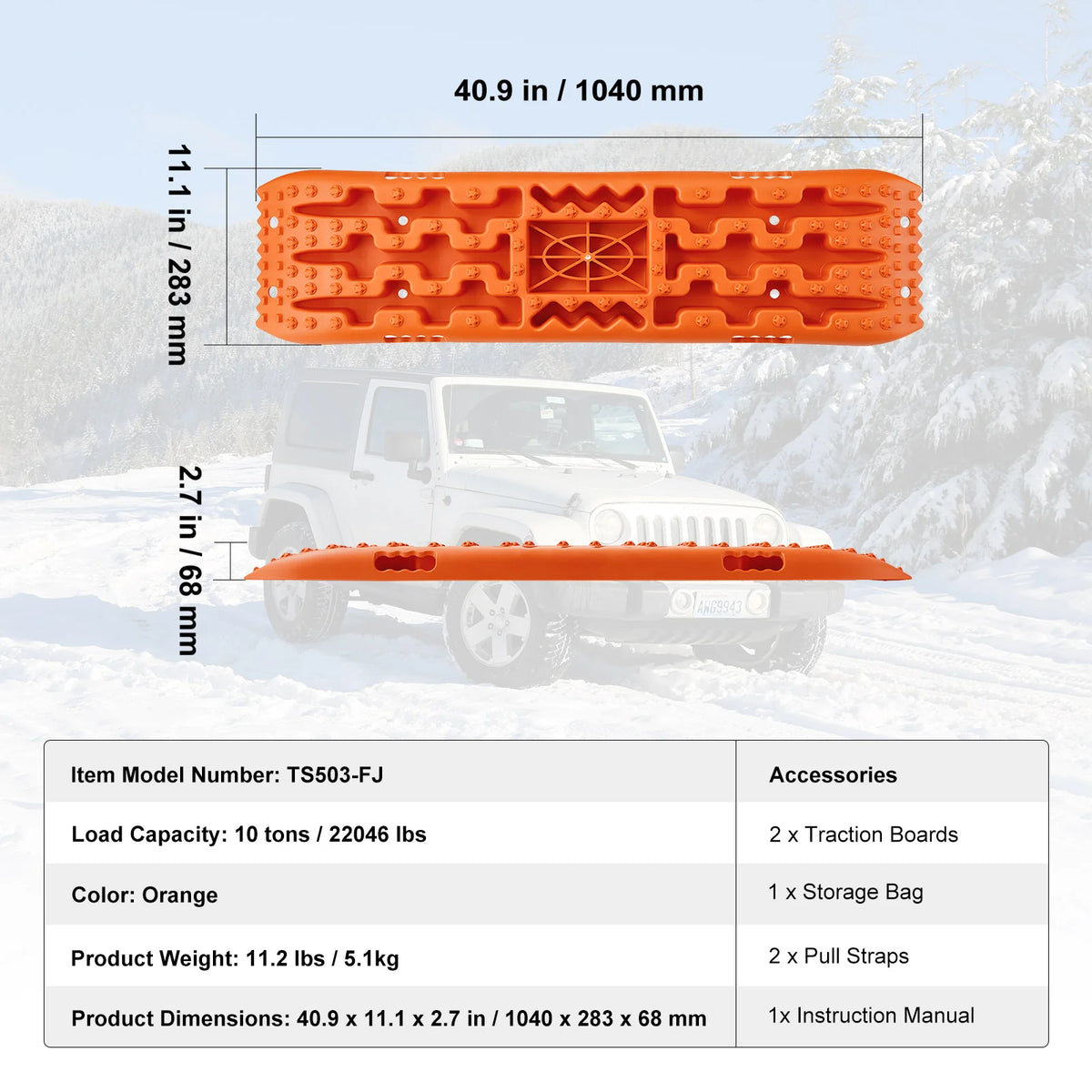 Recovery Traction Boards Pair, 10 Tonne Rated PP Tyre Traction Mats for 4WD, SUV and RV, Black Short