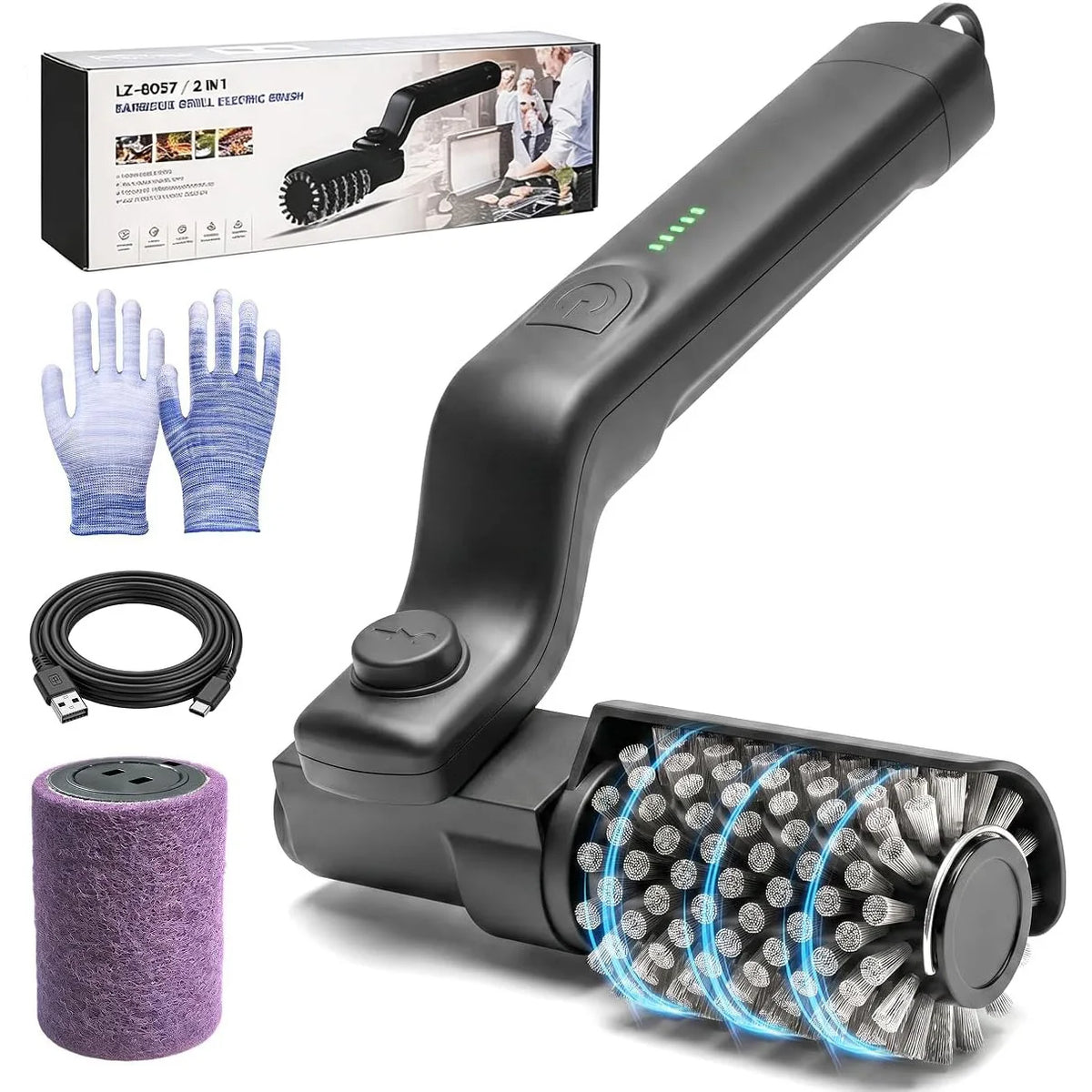 Cordless Electric Grill Brush with 2 Replaceable Heads, Rechargeable BBQ Grate Cleaner for Gas and Charcoal