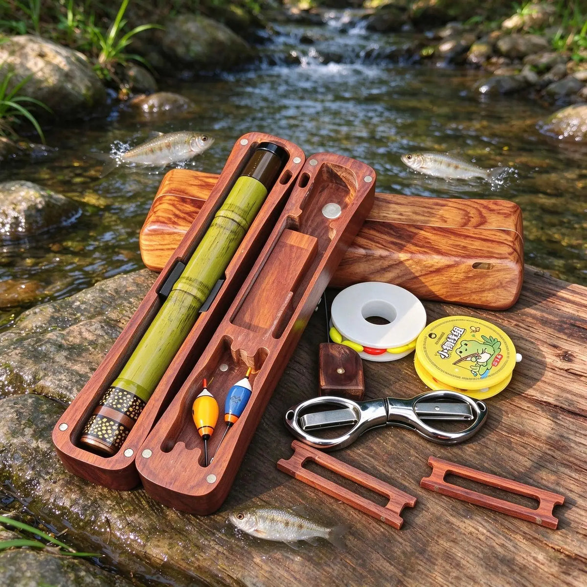 Tenkara Fishing Rod 1.7m with Wooden Storage Box, Ultralight 13-Section Carbon Stream Rod, Emerald