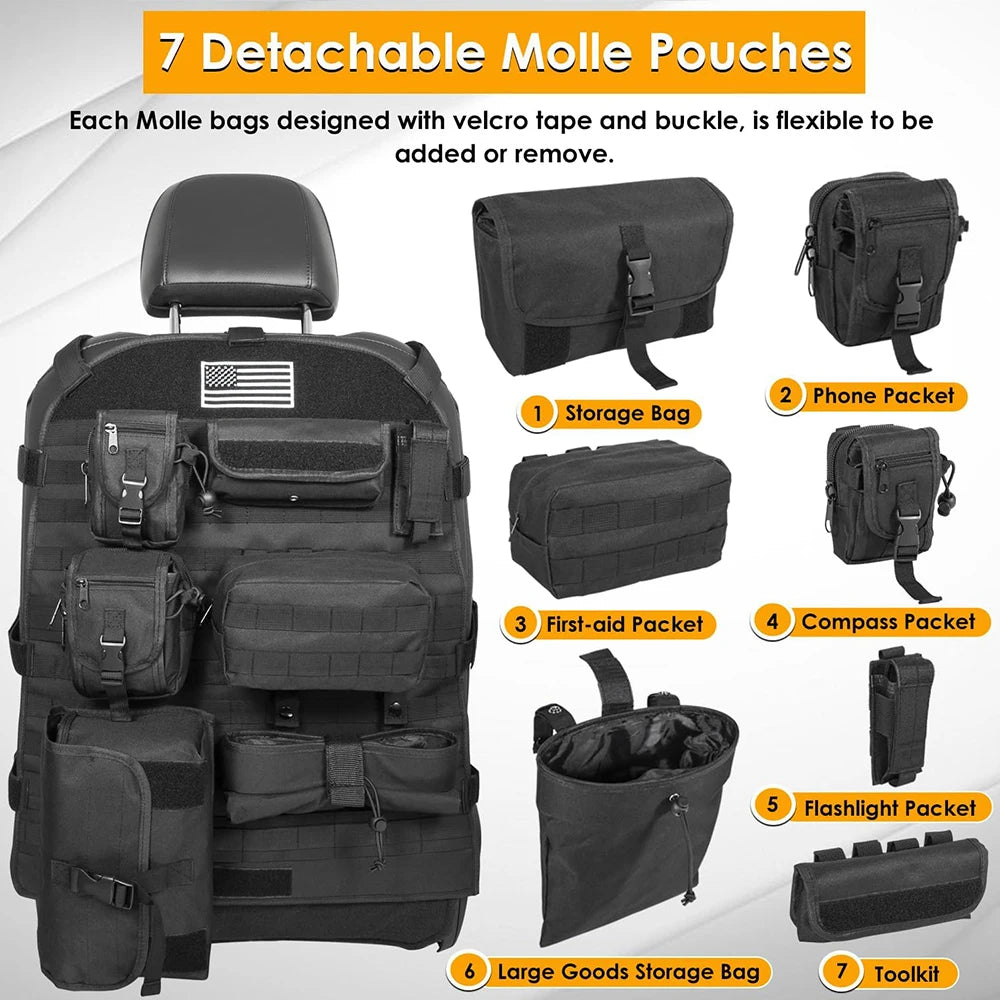 Tactical Seat Back Organiser with 7 MOLLE Pouches, PVC-Lined Seat Cover for 4WDs, Utes and SUVs