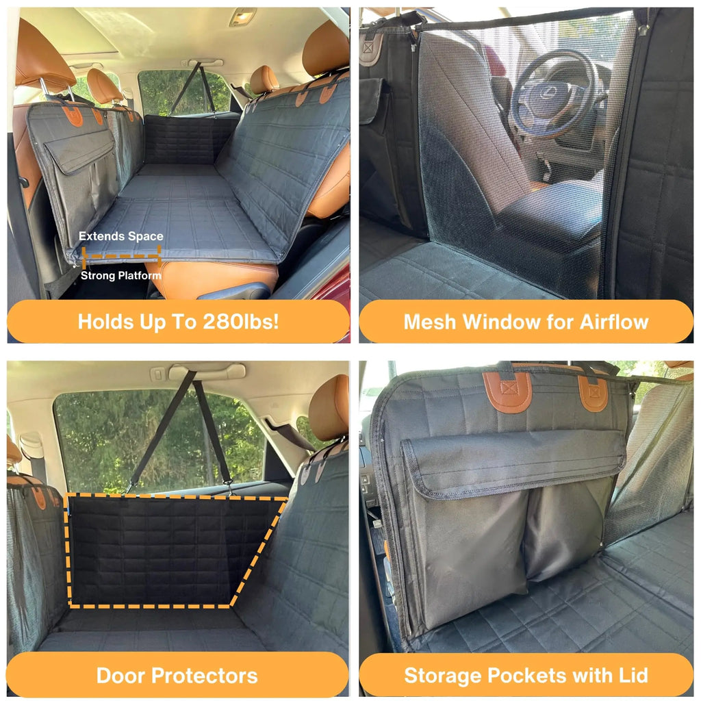 Dog Back Seat Extender with Hard Bottom and Mesh Window, Pet Hammock for Cars, Trucks and SUVs, Black