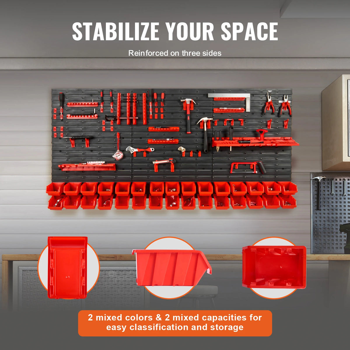 Wall Mounted Parts Storage Bins 48 Piece with Wall Panels, Stackable Garage and Workshop Organiser, Red and Black