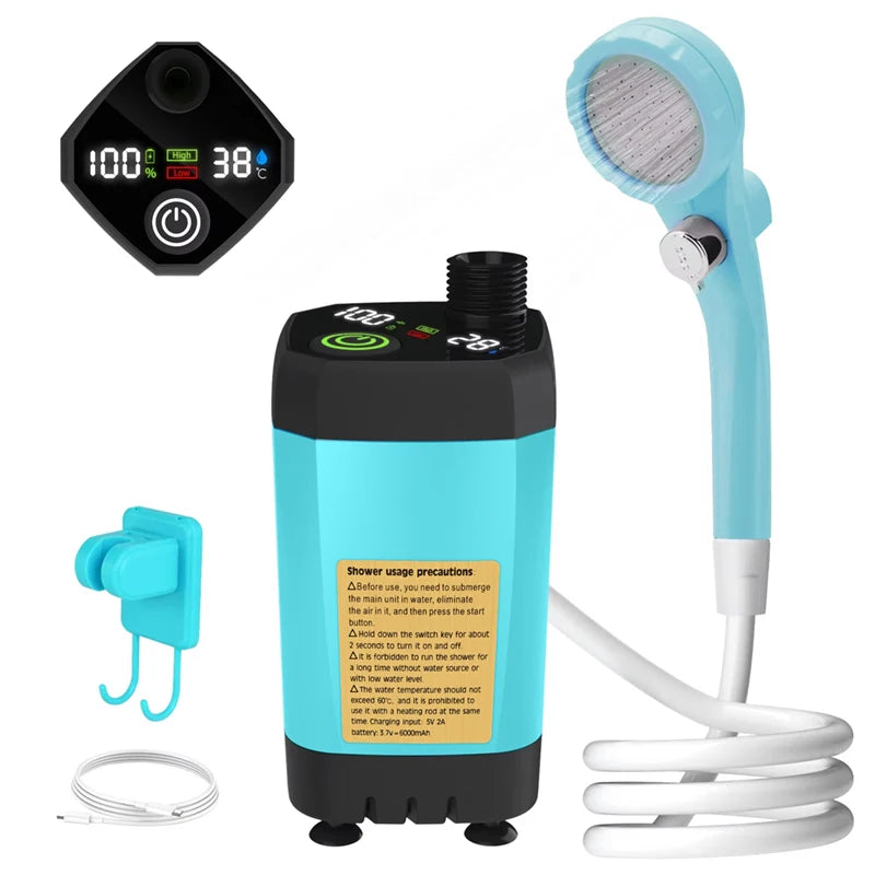 Rechargeable Portable Camping Shower Pump 6000mAh with Digital Display, Shower Head and 2m Hose, Grey