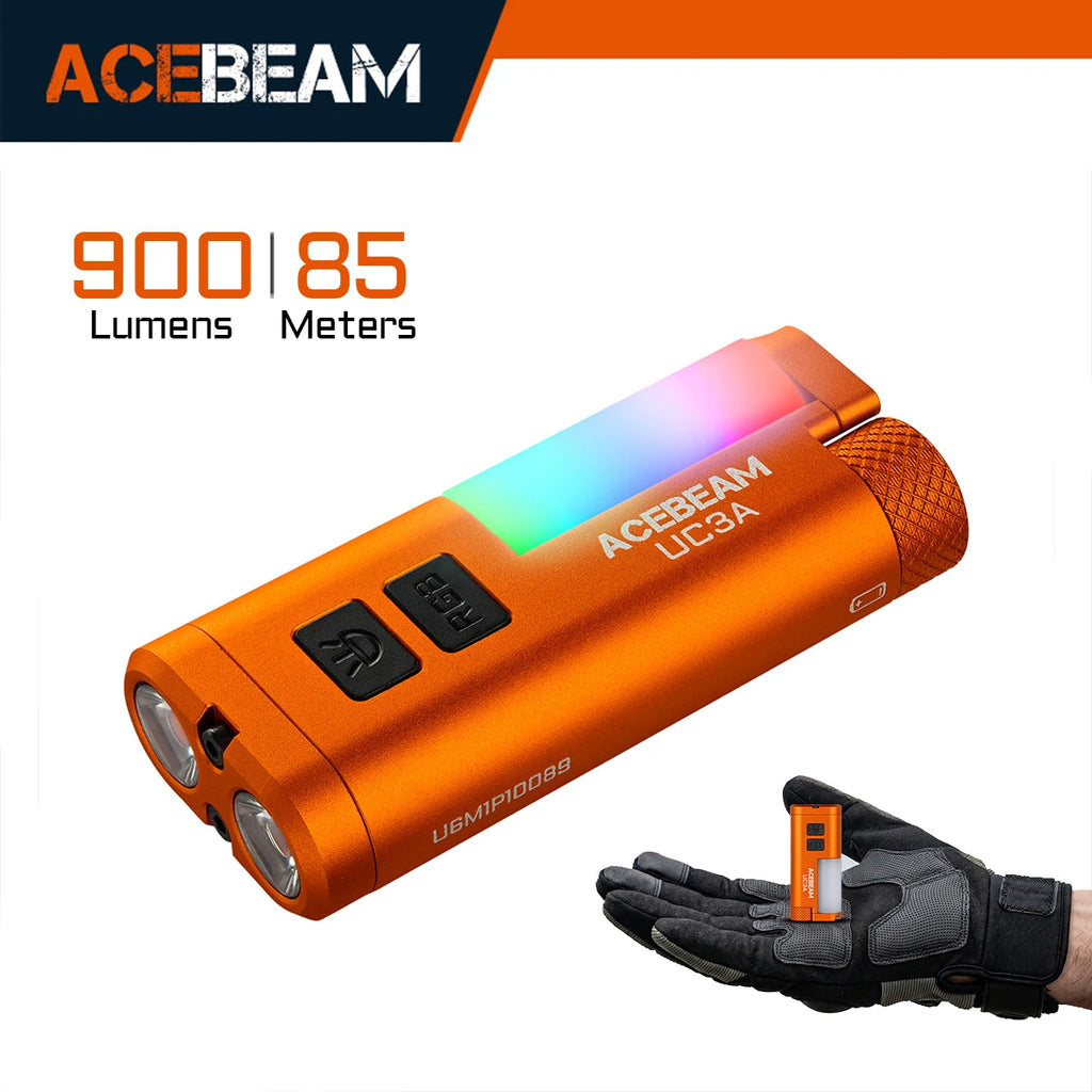 Rechargeable EDC LED Flashlight 900 Lumen with RGB Side Light, Magnetic Tail and Clip, Orange
