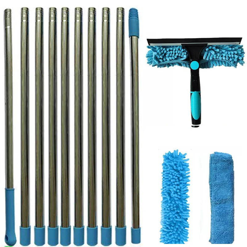 Extendable Window Cleaning Kit 100-420cm, 2-in-1 Squeegee and Microfibre Scrubber, 180° Swivel Head