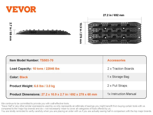 Recovery Traction Boards Pair, 10 Tonne Rated PP Tyre Traction Mats for 4WD, SUV and RV, Black Short