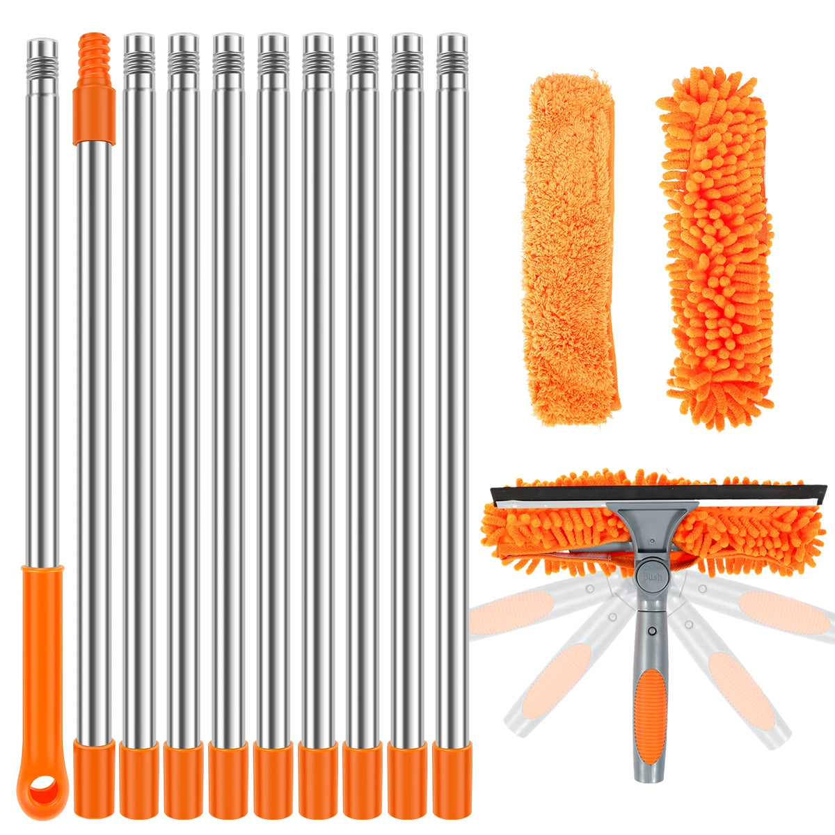 Extendable Window Cleaning Kit 100-420cm, 2-in-1 Squeegee and Microfibre Scrubber, 180° Swivel Head
