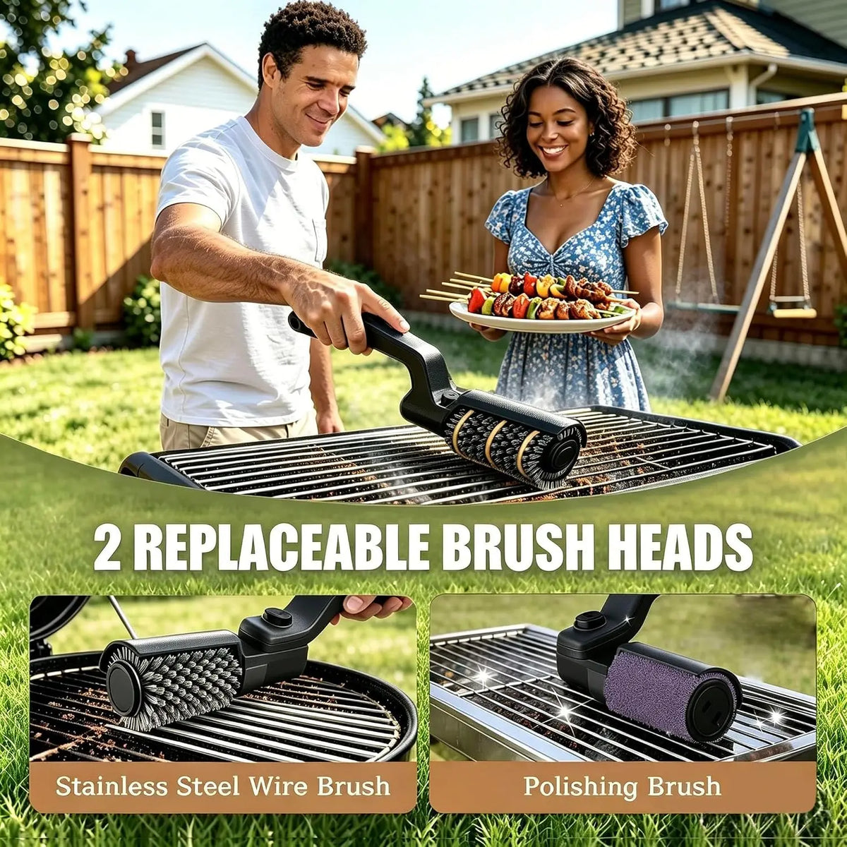 Cordless Electric Grill Brush with 2 Replaceable Heads, Rechargeable BBQ Grate Cleaner for Gas and Charcoal