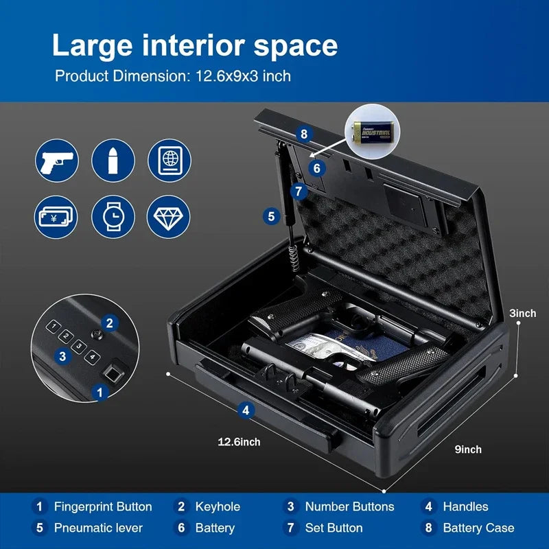 Portable Biometric Gun Safe with Fingerprint and Keypad Lock, Steel Handgun Storage Box