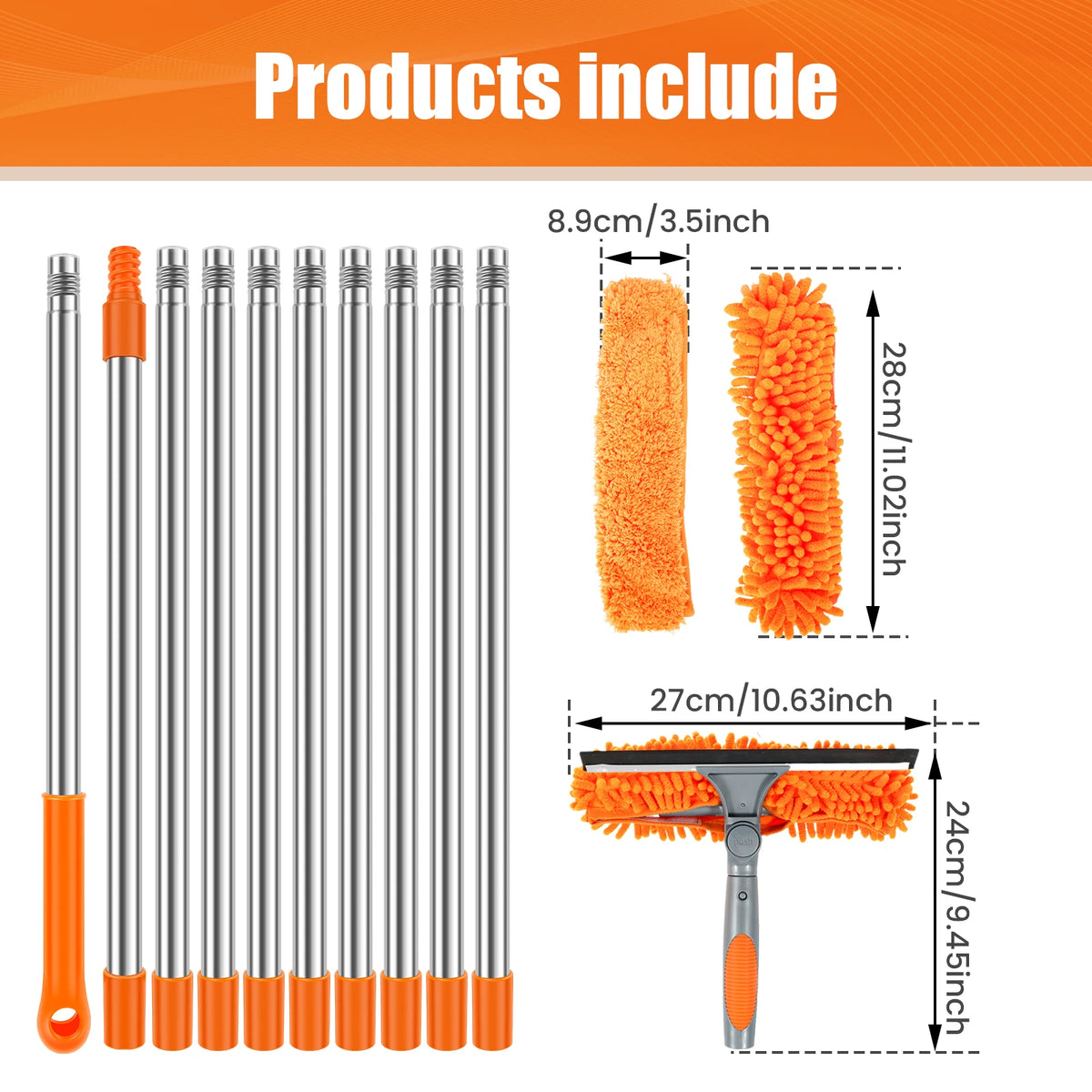 Extendable Window Cleaning Kit 100-420cm, 2-in-1 Squeegee and Microfibre Scrubber, 180° Swivel Head, Red