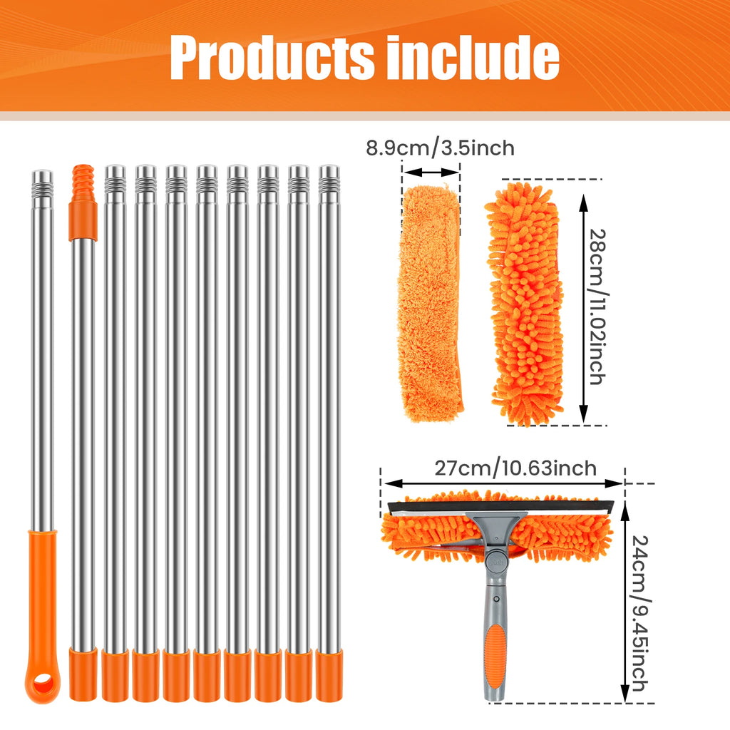 Extendable Window Cleaning Kit 100-420cm, 2-in-1 Squeegee and Microfibre Scrubber, 180° Swivel Head
