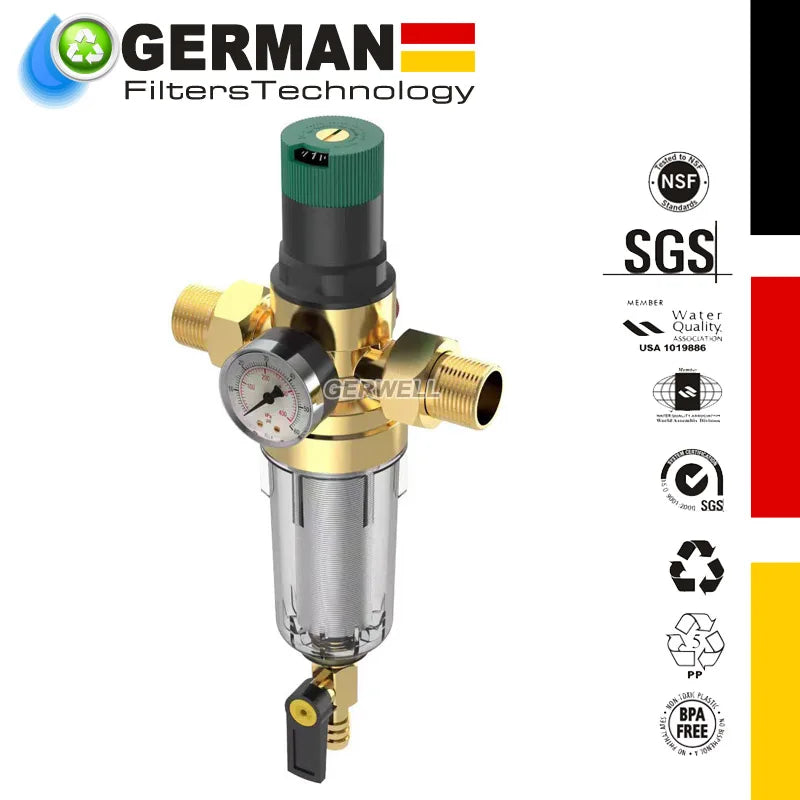 RV Water Pressure Regulator with 40 Micron Filter, Adjustable Brass Valve, 3/4 and 1 Inch