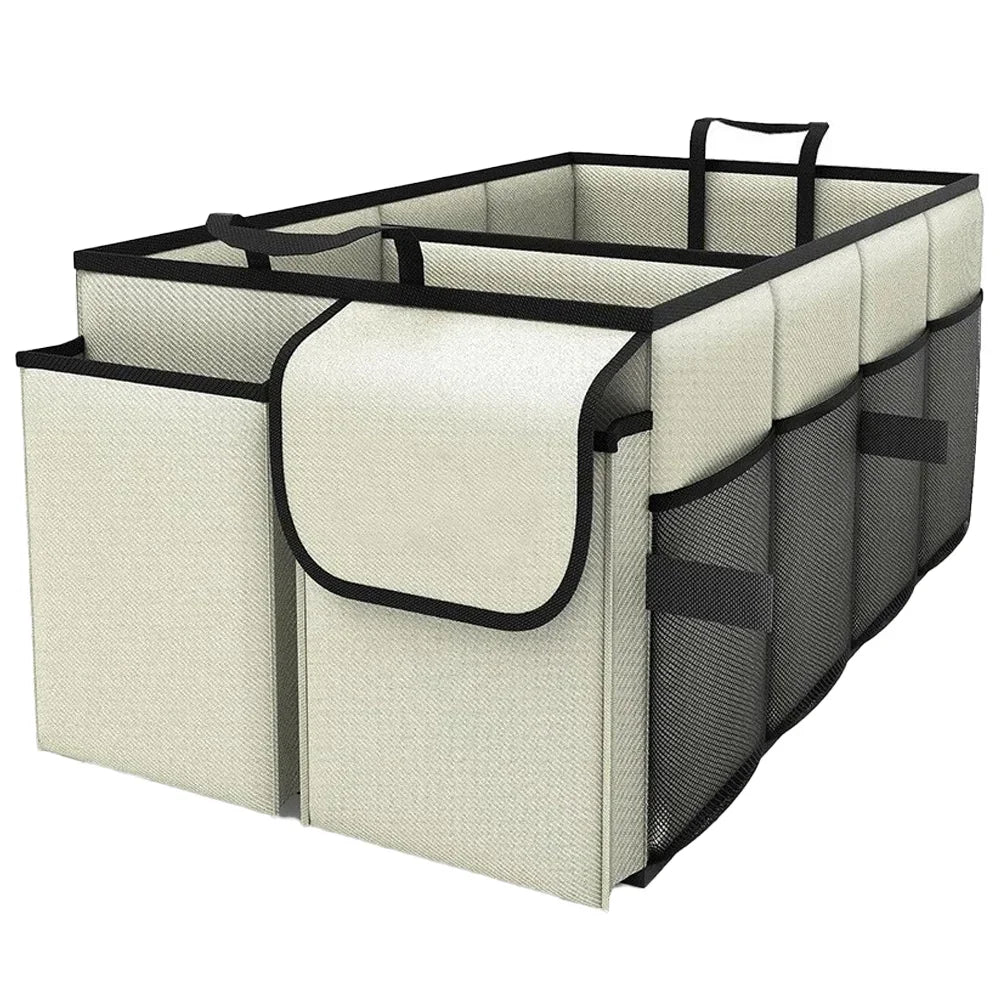 Foldable Car Boot Storage Box, Collapsible Polyester Organiser for Groceries and Sports Gear, Beige