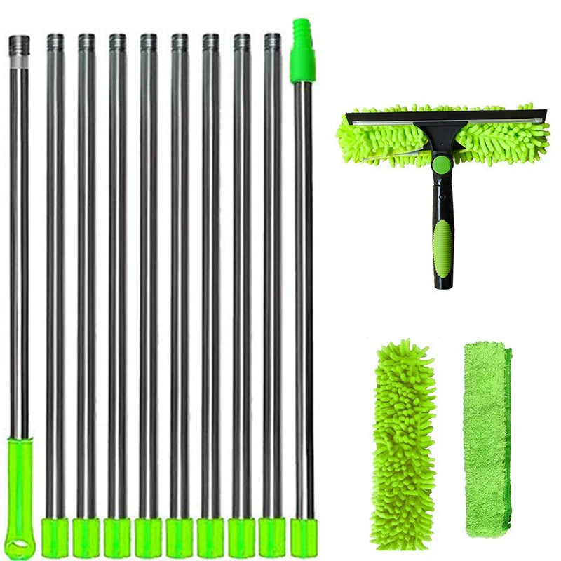 Extendable Window Cleaning Kit 100-420cm, 2-in-1 Squeegee and Microfibre Scrubber, 180° Swivel Head, Red