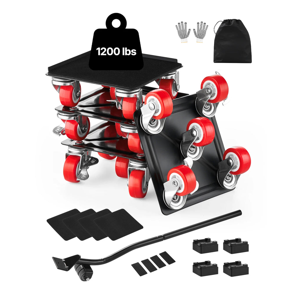 Furniture Dolly Set of 4 with 5 Swivel Wheels, Brakes and Lifting Pry Bar, 3474 lb Total Load Capacity