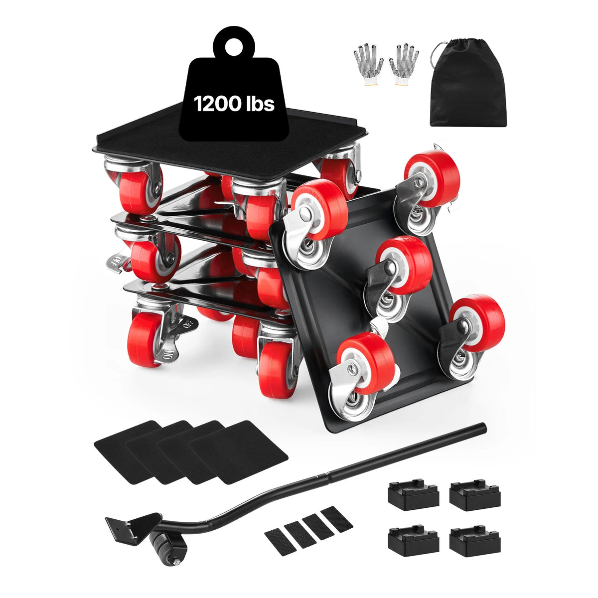 Furniture Dolly Set of 4 with 5 Swivel Wheels, Brakes and Lifting Pry Bar, 3474 lb Total Load Capacity