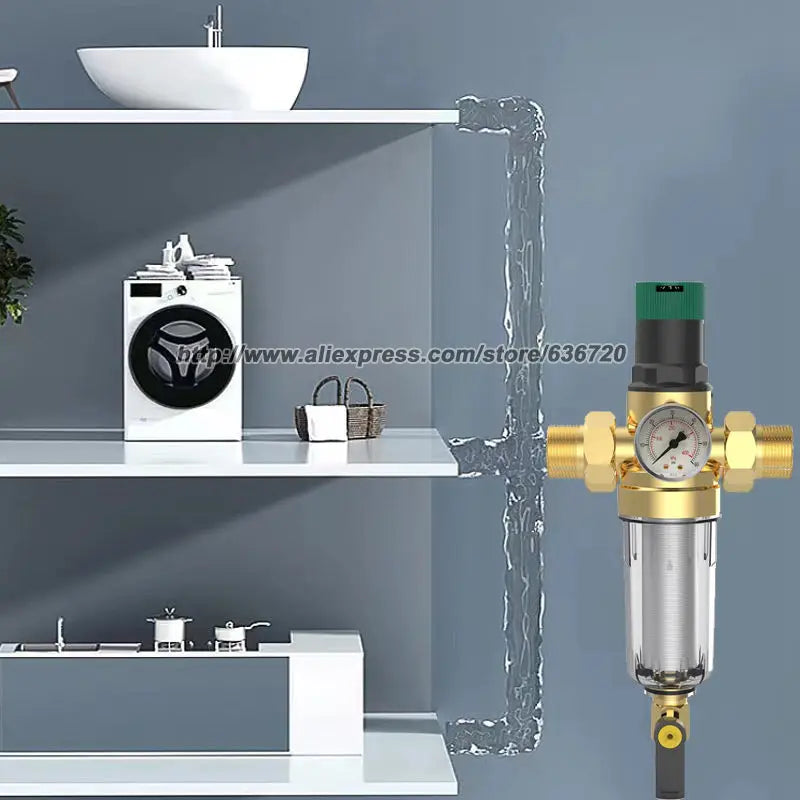 RV Water Pressure Regulator with 40 Micron Filter, Adjustable Brass Valve, 1/2 and 1 Inch