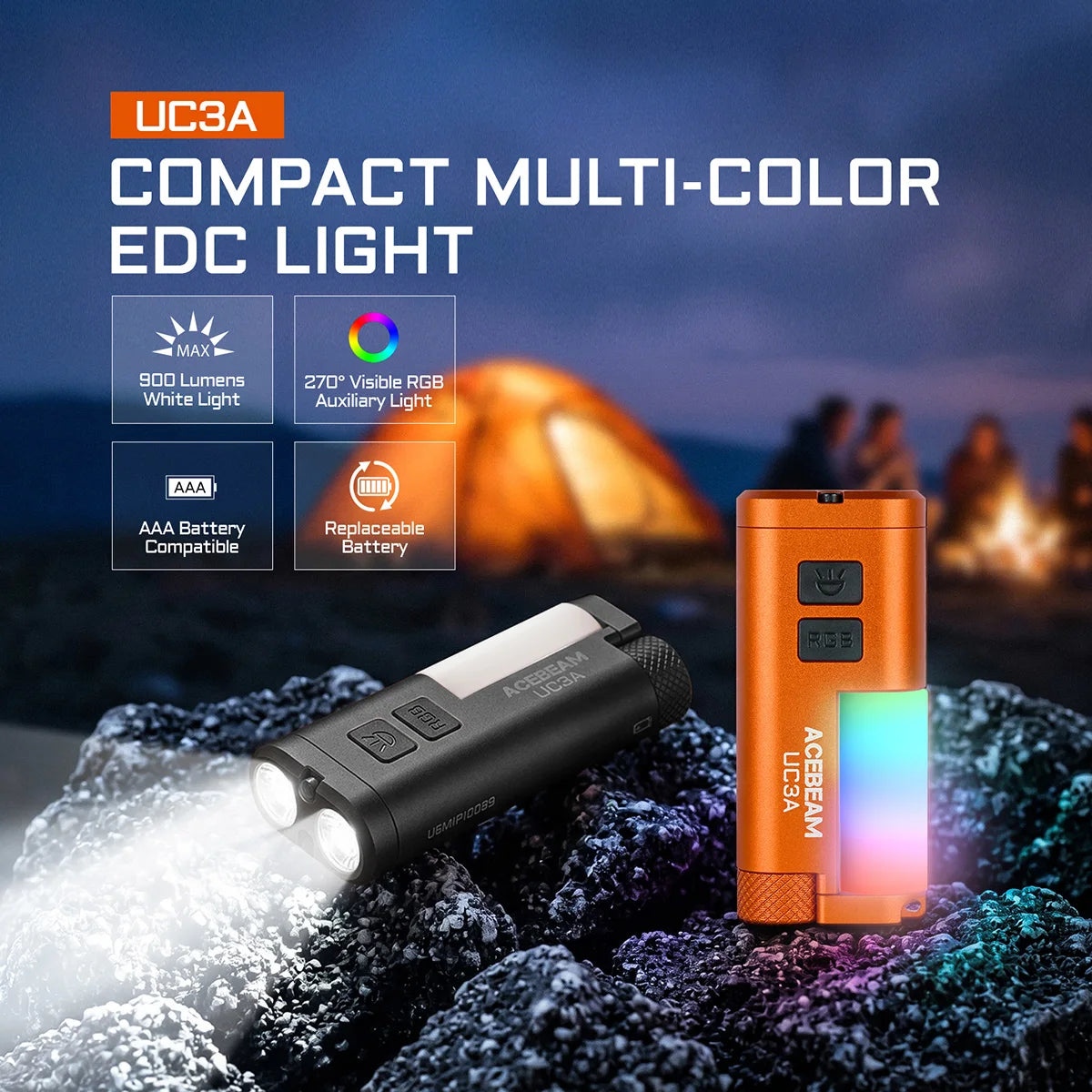 Rechargeable EDC LED Flashlight 900 Lumen with RGB Side Light, Magnetic Tail and Clip, Green