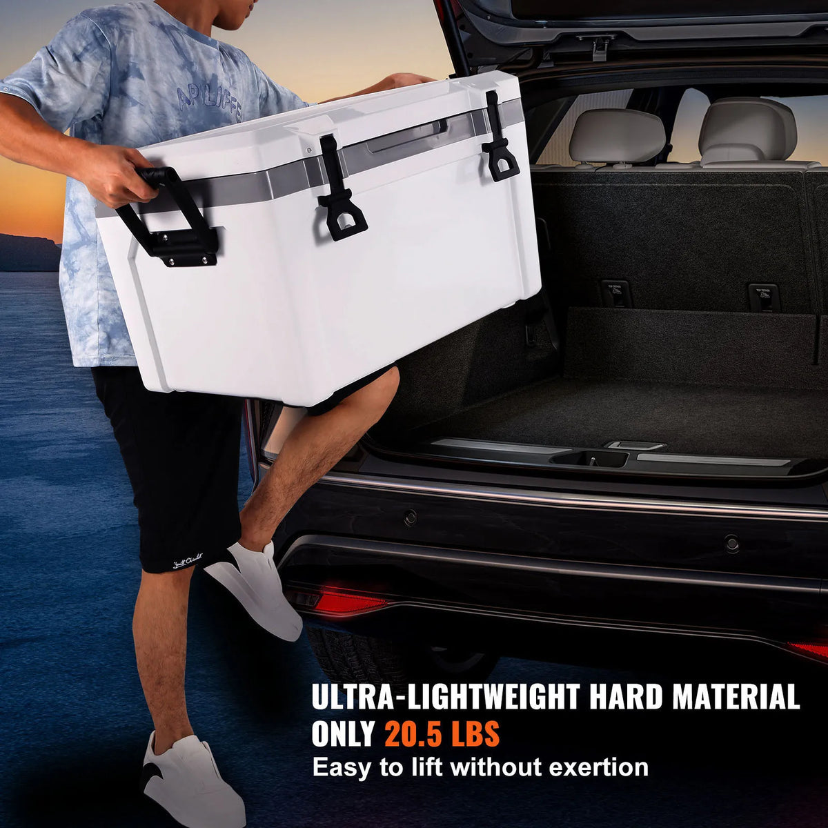 52QT Hard Cooler 49L with Dry Basket, Bottle Opener and Cup Holder, Insulated Ice Chest for Camping