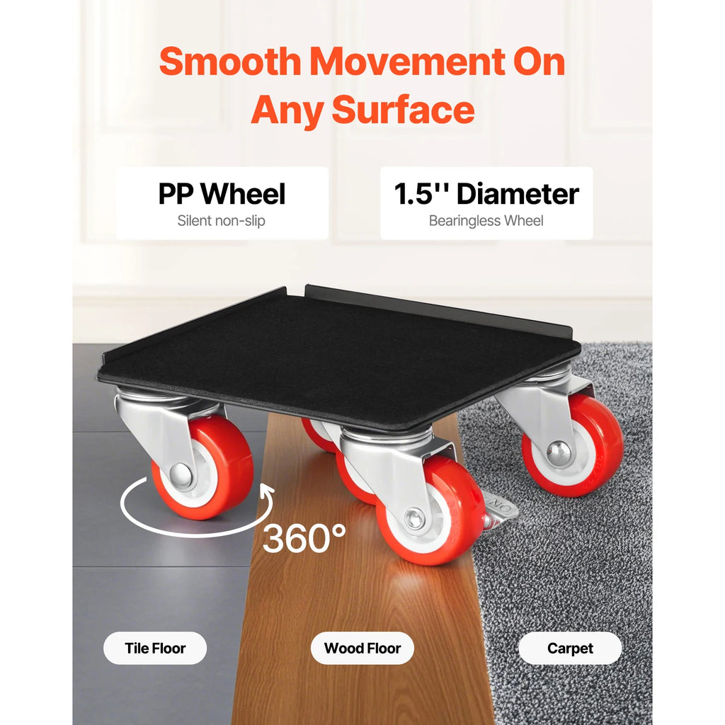 Furniture Dolly Set of 4 with 5 Swivel Wheels, Brakes and Lifting Pry Bar, 3474 lb Total Load Capacity