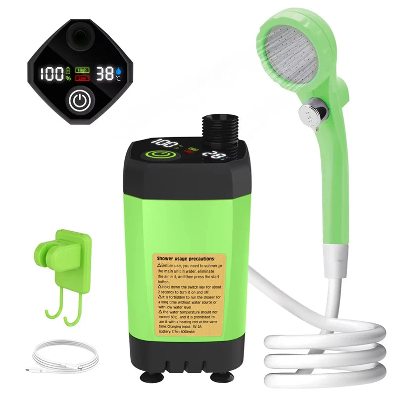 Rechargeable Portable Camping Shower Pump 6000mAh with Digital Display, Shower Head and 2m Hose, Orange