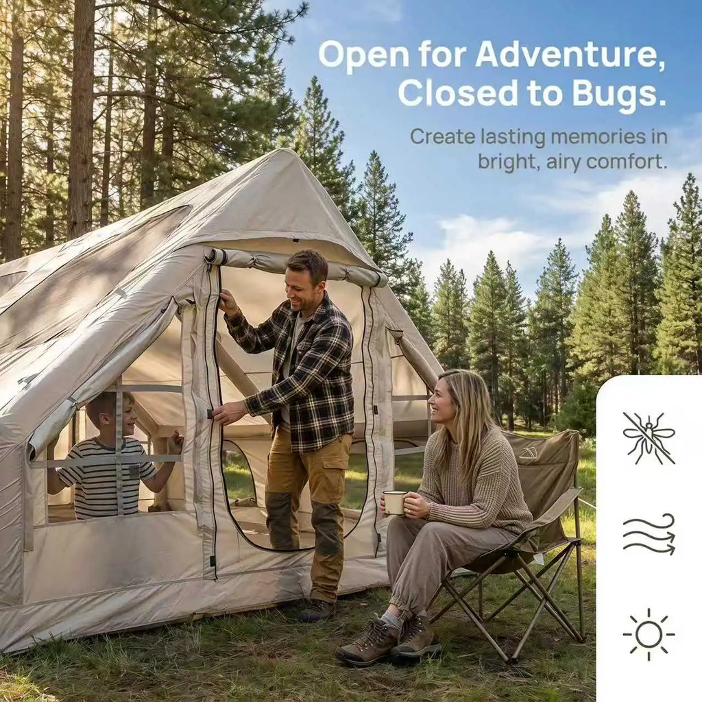 Inflatable Screen Tent 12m² with Electric Pump, Mesh Walls and Double Zip Door for 6-8 People, Dark Khaki