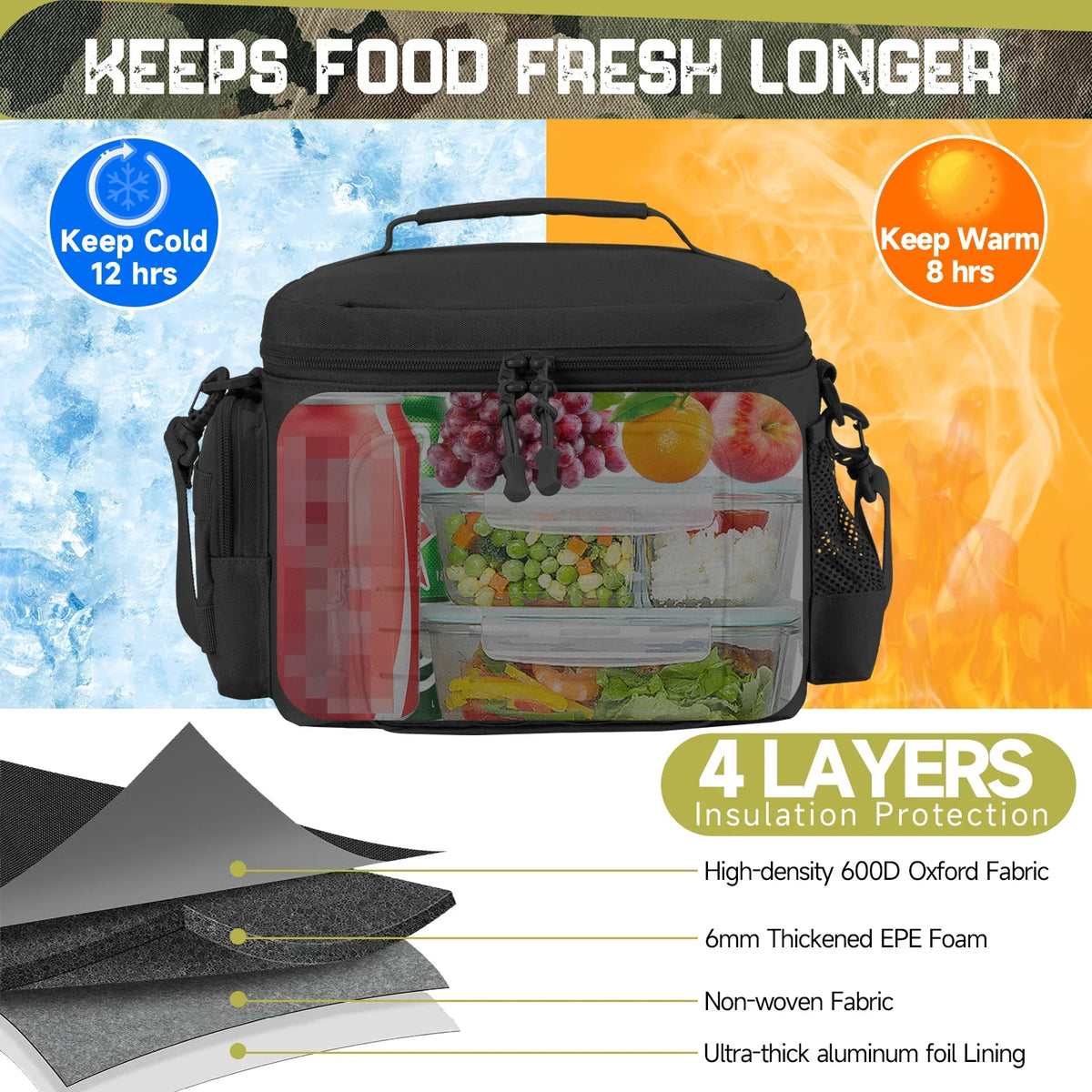 Tactical Insulated Cooler Lunch Bag, Leak-Resistant and Heavy Duty for Work, Camping and Picnics, Black