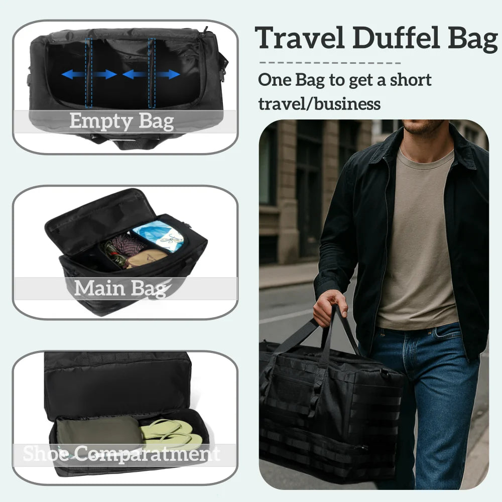 50L Tactical Duffel Bag in 600D Fabric for Travel, Camping, Hiking and Gym, Army Green