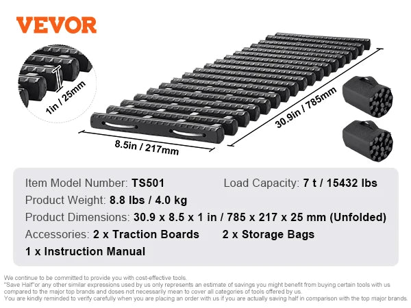 Recovery Traction Boards Pair, 10 Tonne Rated PP Tyre Traction Mats for 4WD, SUV and RV, Black Short