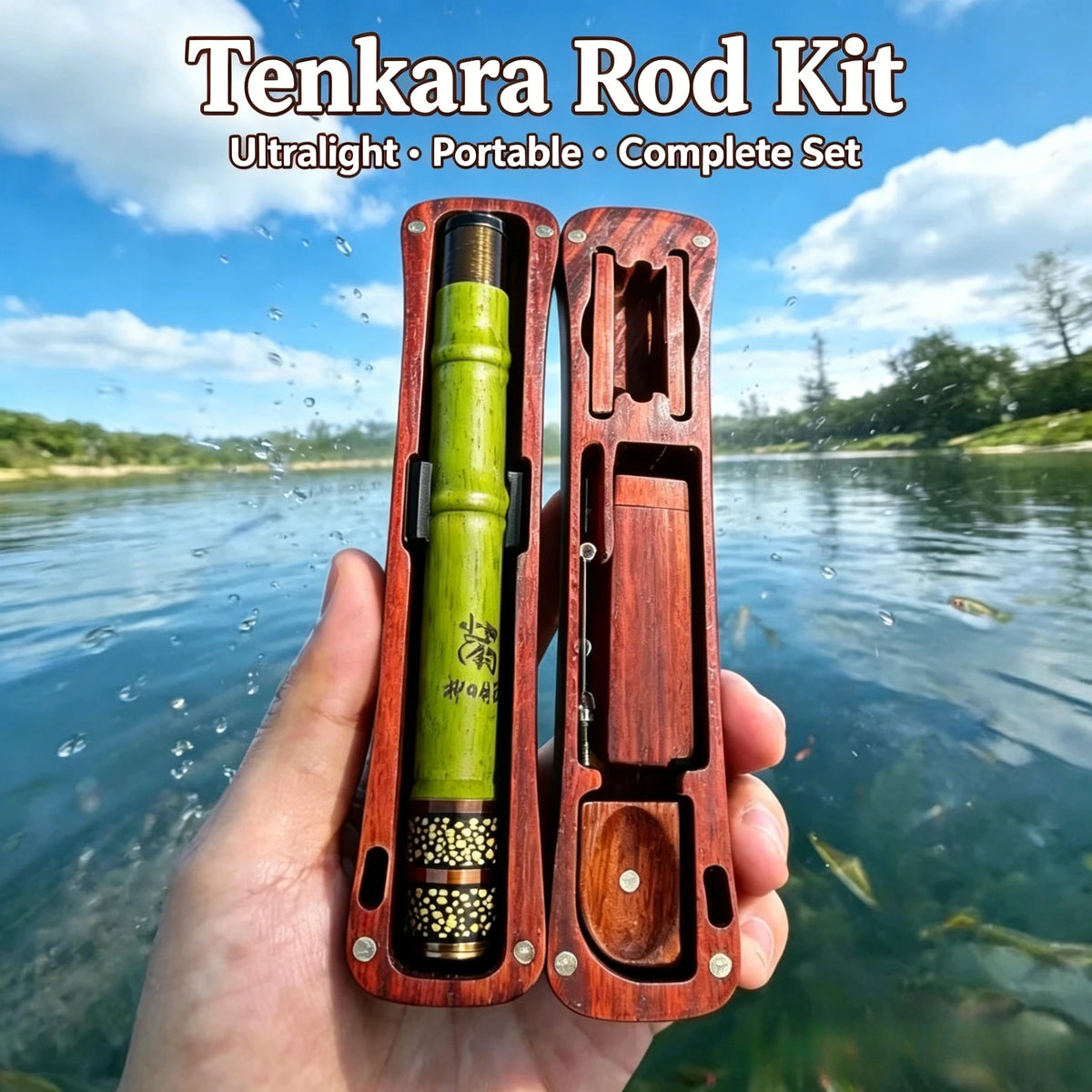 Tenkara Fishing Rod 1.7m with Wooden Storage Box, Ultralight 13-Section Carbon Stream Rod, Champagne