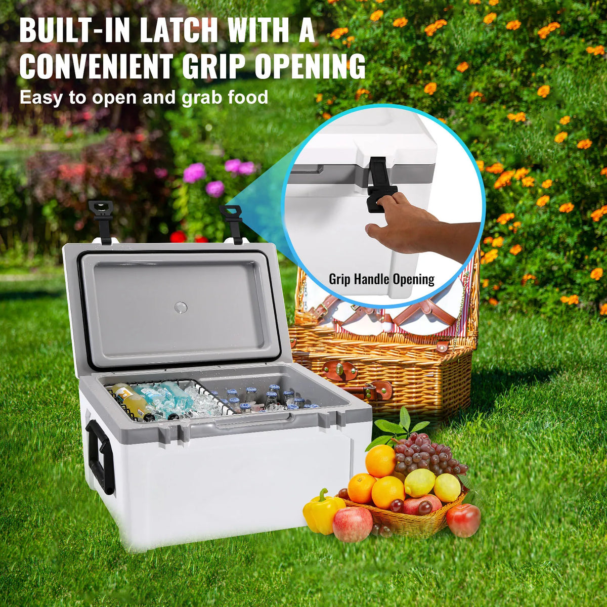 52QT Hard Cooler 49L with Dry Basket, Bottle Opener and Cup Holder, Insulated Ice Chest for Camping