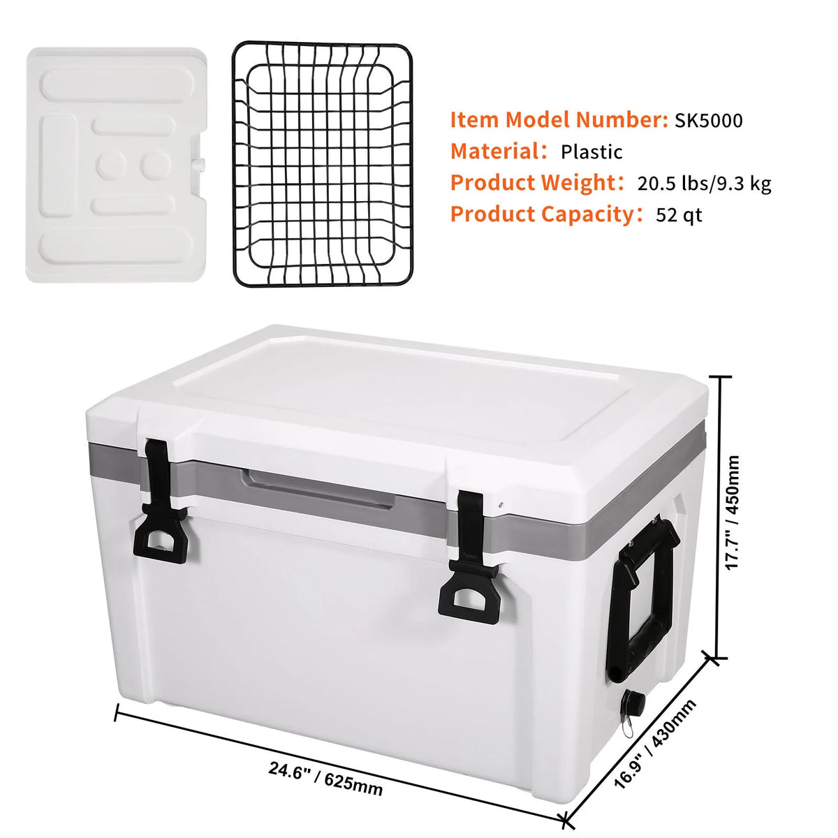 52QT Hard Cooler 49L with Dry Basket, Bottle Opener and Cup Holder, Insulated Ice Chest for Camping