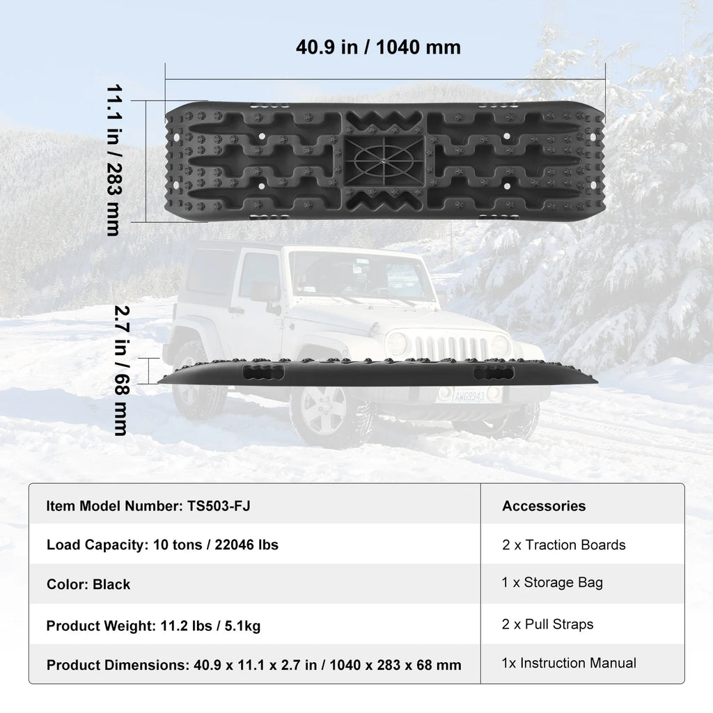 Recovery Traction Boards Pair, 10 Tonne Rated PP Tyre Traction Mats for 4WD, SUV and RV, Black Short