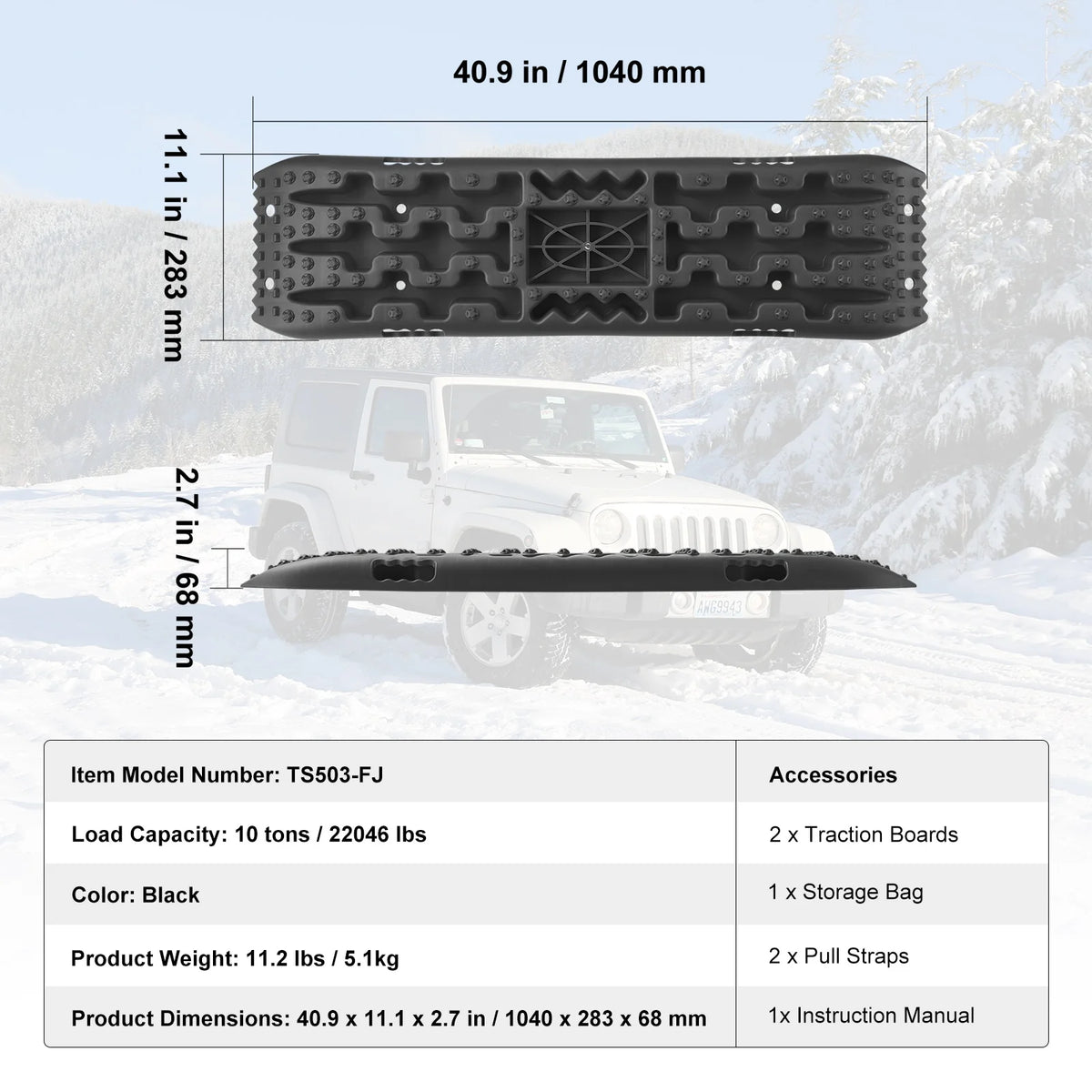 Recovery Traction Boards Pair, 10 Tonne Rated PP Tyre Traction Mats for 4WD, SUV and RV, Black Short