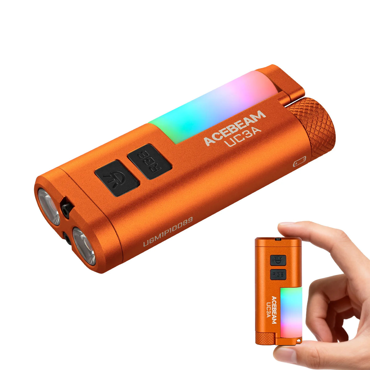 Rechargeable EDC LED Flashlight 900 Lumen with RGB Side Light, Magnetic Tail and Clip, Orange