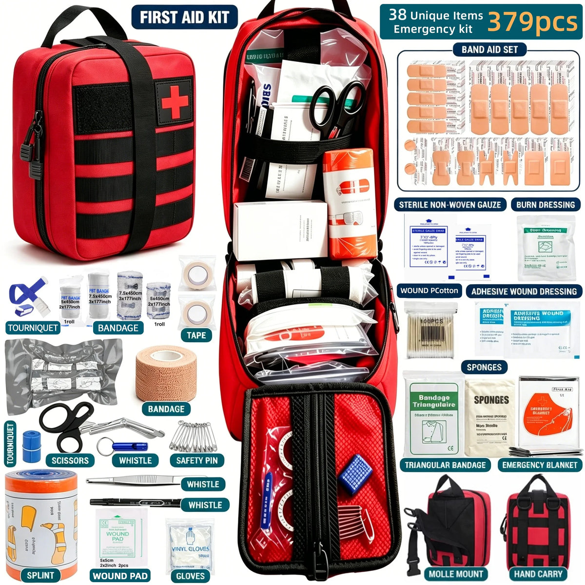 Black 379-Piece First Aid Kit in MOLLE Pouch, Compact Emergency Kit for Car, Camping, Hiking and Home