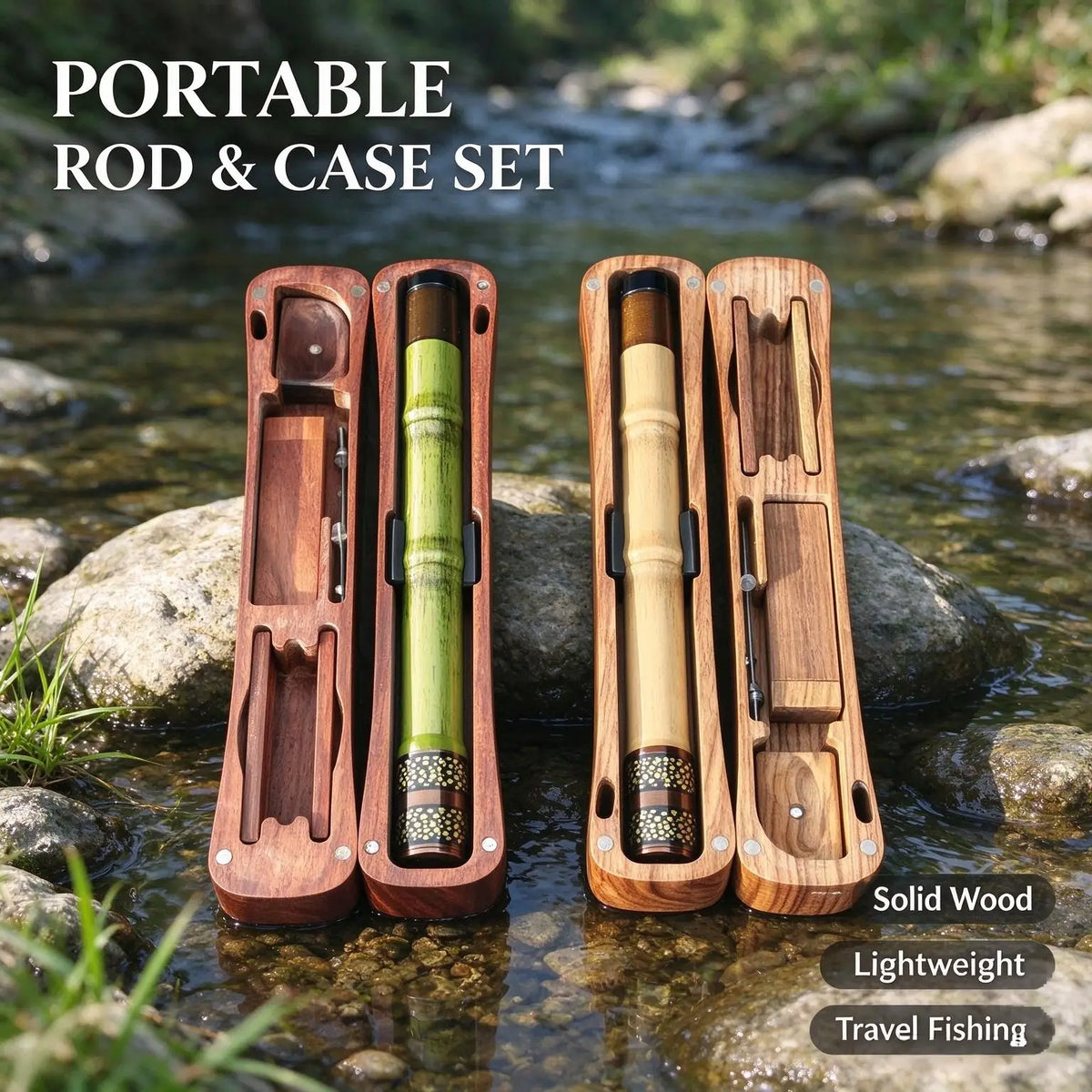Tenkara Fishing Rod 1.7m with Wooden Storage Box, Ultralight 13-Section Carbon Stream Rod, Emerald