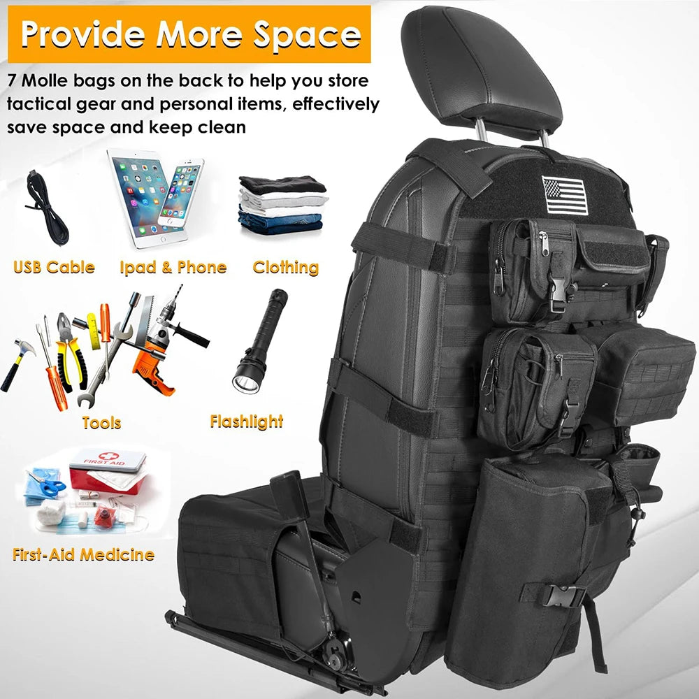 Tactical Seat Back Organiser with 7 MOLLE Pouches, PVC-Lined Seat Cover for 4WDs, Utes and SUVs