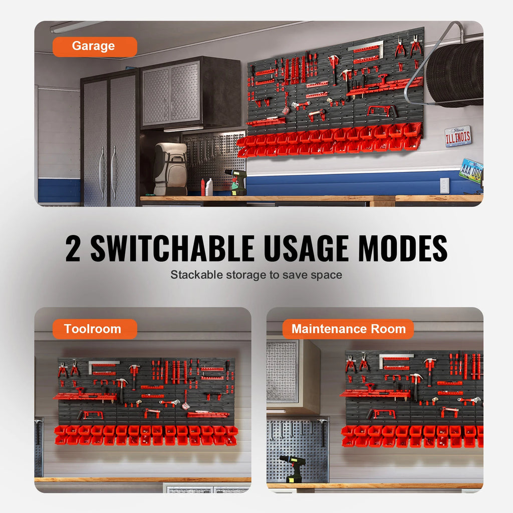 Wall Mounted Parts Storage Bins 30 Piece with Wall Panels, Stackable Garage and Workshop Organiser, Red